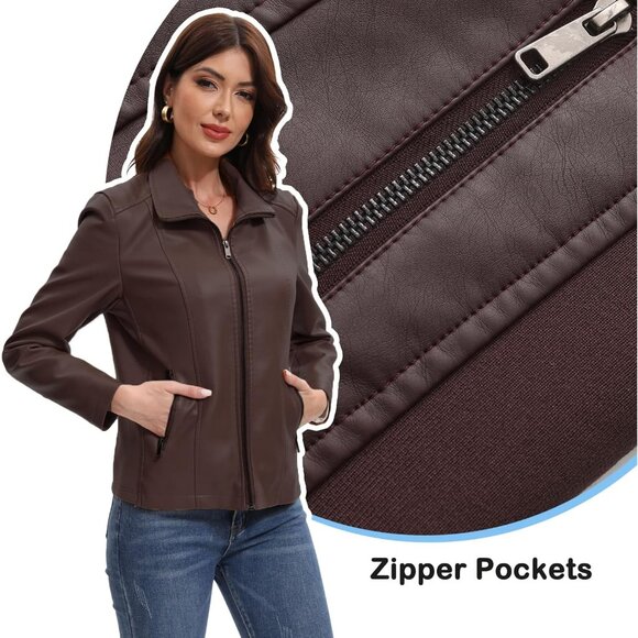 Women Coffee Faux Leather Motorcycle Jacket Zip Up Trendy Going Out Coat - Picture 4 of 6